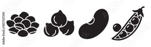 Legumes and pulses icons set featuring various healthy plant-based food items like lentils, chickpeas, beans, and peas in a minimalist black silhouette style.