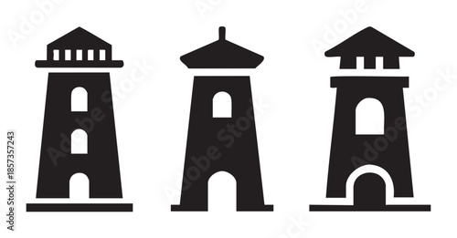 Three lighthouses, navigation towers, and beacons are depicted as minimalist black vector icons, symbolizing guidance and safety for maritime travel.