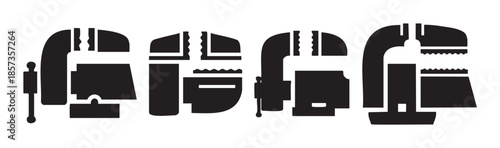 Four different types of industrial vices are presented as bold black silhouettes, showcasing various designs of clamping tools for workshops and construction.