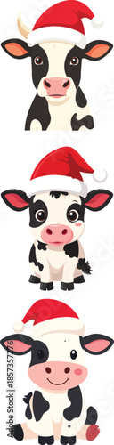 Cute adorable cartoon cow icon wearing red Santa Christmas hat simple flat design vector illustration graphic, funny farm animal character ready for winter holidays and New Year celebration, modern