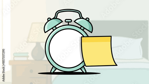 Cartoon Alarm Clock With Paper Note In Bedroom.