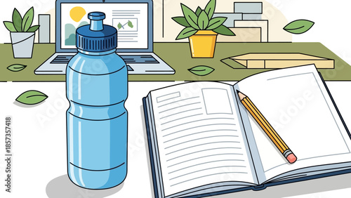 Cozy study desk setup with notebook and water bottle.