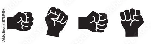 Four black silhouette fists with white outlines symbolizing strength and unity, arranged horizontally, representing concepts of power, protest, and resistance in a graphic illustration.