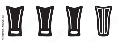 Four different diving fins and swimming flippers silhouettes are presented in a row, showcasing various designs suitable for underwater sports, recreation, and aquatic activities.