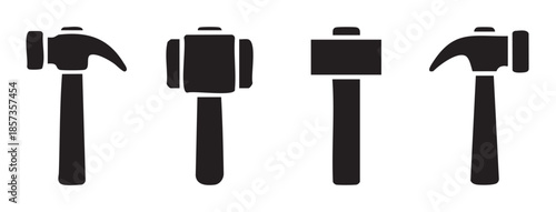 Four different types of hammers are displayed in a simple black and white icon style, representing various construction and repair tools.