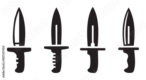 Four different black silhouette daggers with unique designs are presented in a row, illustrating various styles of combat knives or utility blades.