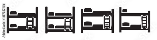 Four black silhouette bunk beds with ladders representing dormitory sleeping arrangements, hostels, and shared accommodation in a simple graphic style.