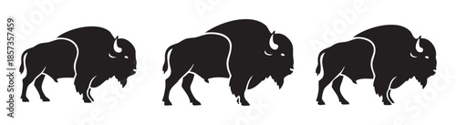 Three American bison silhouettes stand in various poses, showcasing the powerful and iconic North American mammal in a minimalist graphic design style.