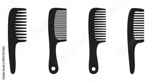 Four black hair combs vector icons set representing essential styling tools for barbershops, beauty salons, and personal grooming needs.