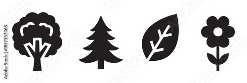 Collection of nature icons featuring a deciduous tree, a pine tree, a single leaf, and a blooming flower, symbolizing ecology and the environment.