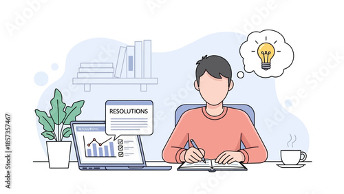 Focused Person Writing at Desk with Laptop and Plant.