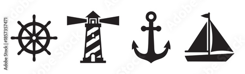Nautical symbols set including ship's wheel, lighthouse, anchor, and sailboat in a minimalist black and white vector illustration.