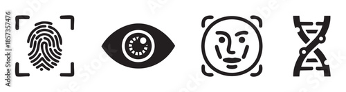 Biometric identification icons including fingerprint, eye, facial recognition, and DNA provide robust security solutions for modern data protection and access control.