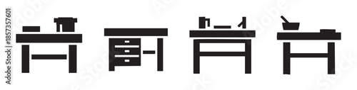 Four minimalist office tables and desks with various items on their surfaces represent different workspaces or home office setups.