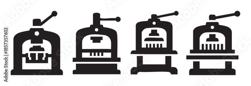 Industrial presses machinery icons set vector illustration design featuring various types of heavy-duty equipment used for manufacturing and production processes.