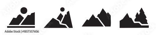 Mountain icons set featuring various natural landscape shapes and elements like sun and trees, perfect for outdoor adventure designs.