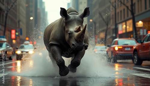 Rhinoceros charges through wet city street traffic splashing water. Large wild animal runs fast down urban road among cars and taxis. Danger, chaos, and power on city pavement.