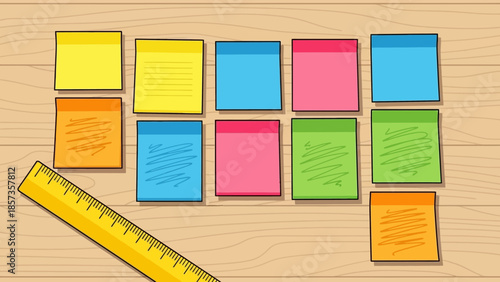 Colorful Sticky Notes Arranged on Wooden Desk with Ruler.