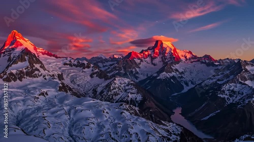 Stunning golden alpenglow illuminating the jagged ridges and pristine snowfields of the majestic high alps at sunset with vibrant colors pink, orange, golden
