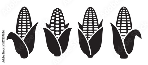 Four stylized corn cobs with husks partially open, presented as simple black and white graphic icons representing agricultural produce.