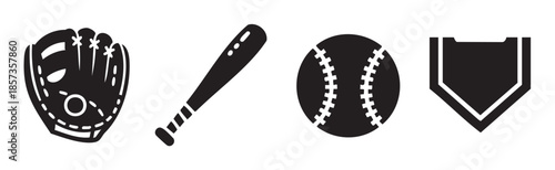 Baseball equipment icons featuring a glove, bat, ball, and home plate represent the essential gear for playing the classic American pastime.