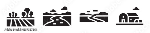 Rural landscape icons depicting various natural and agricultural scenes, including fields, forests, winding roads through mountains, and a traditional farm building.