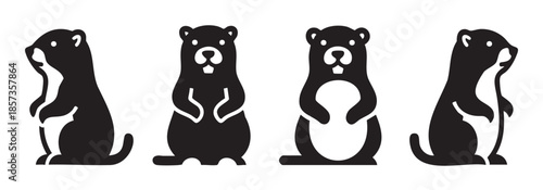 Four stylized groundhog illustrations in various poses showcasing their characteristic appearance in a simple black and white graphic design.