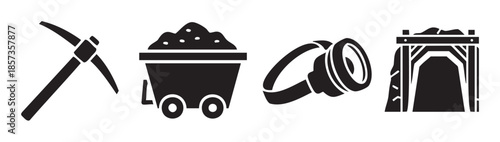 Mining tools and equipment icons, including a pickaxe, ore cart, headlamp, and mine entrance, symbolizing the excavation industry.