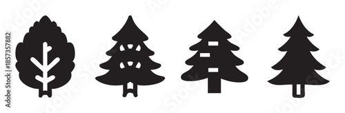 Four distinct tree icons representing various natural plant forms and evergreen conifers suitable for nature-themed designs and illustrations.