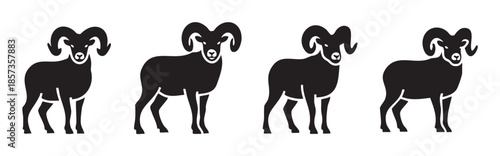 Four black ram animal silhouettes with large curved horns stand in a neat row, depicted as simple and elegant vector illustrations.