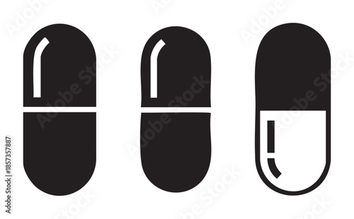 Three black and white medicine capsule icons representing pharmaceutical drugs, healthcare, and medical treatment in a minimalist vector style.