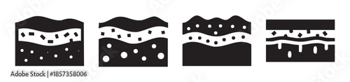 Abstract representations of various layered geological structures and compositions are depicted in a set of four simple black and white icons, illustrating different material arrangements.