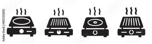 Electric cooking appliances icons showing steam or heat rising, representing various kitchen devices for grilling and preparing food.