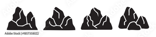 Rock formations vector icons set featuring various stylized shapes with cracks, representing natural geological elements in a simple black silhouette design.