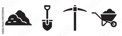 Construction tools and earth icons, including a shovel, pickaxe, wheelbarrow, and dirt pile, illustrate common equipment for manual labor.