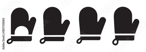 Four black oven mitts kitchenware cooking safety icons lined up, illustrating essential heat protection for culinary tasks and baking.
