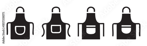 Set of black aprons for kitchen and restaurant staff, featuring different pocket and strap designs, ideal for culinary and hospitality businesses.