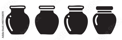 Four black ceramic pots or vases with varying traditional shapes and designs, depicted as minimalist graphic icons for decoration or illustration.