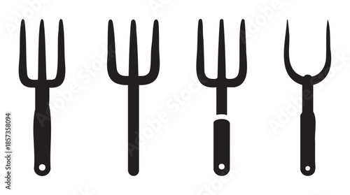 Four gardening forks and tools with various designs are depicted as black silhouettes, representing essential equipment for horticulture and agricultural tasks.