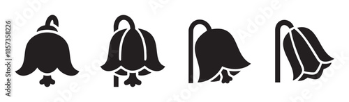 Bell flowers vector icons in a set of four black silhouettes, depicting various angles and styles for graphic design elements and symbols.