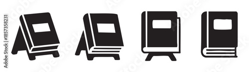 Four black book icons representing education and knowledge in a simple, minimalist graphic design for various learning and library concepts.