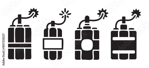 Four stylized hand grenade icons with lit fuses, depicting explosive devices ready for action, rendered in a simple black and white graphic style.