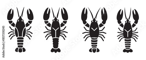 Four black crawfish icons are presented as simple graphic symbols, showcasing various stylized representations of the freshwater crustacean.