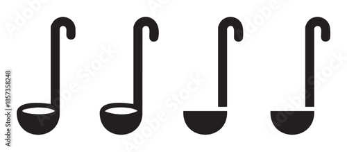 Four black ladles kitchen utensils for serving food, presented as minimalist graphic icons suitable for various culinary and restaurant design applications.