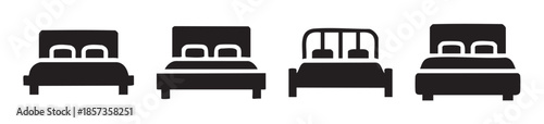 Four different bed icons representing various sleeping furniture designs, symbolizing comfort, relaxation, and accommodation options for modern living spaces.