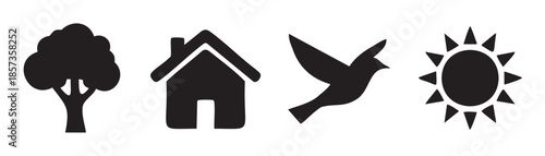 Nature home bird sun elements represent environmental protection, peaceful living, and natural well-being for a harmonious lifestyle.