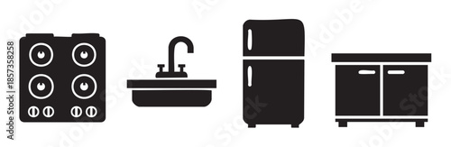 Kitchen appliances and furniture icons representing essential household equipment for cooking, food preparation, and storage in a modern home.