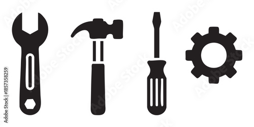 Wrench hammer screwdriver gear icons representing various tools and settings for repair, construction, and mechanical work, perfect for engineering and maintenance concepts.