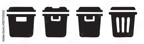 Collection of four distinct trash cans and waste bins vector icons, symbolizing waste management, recycling, and environmental cleanliness.