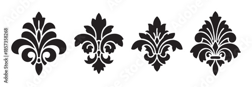 Set of elegant decorative floral ornaments displaying intricate symmetrical designs, perfect for adding a touch of classic sophistication to any creative project.
